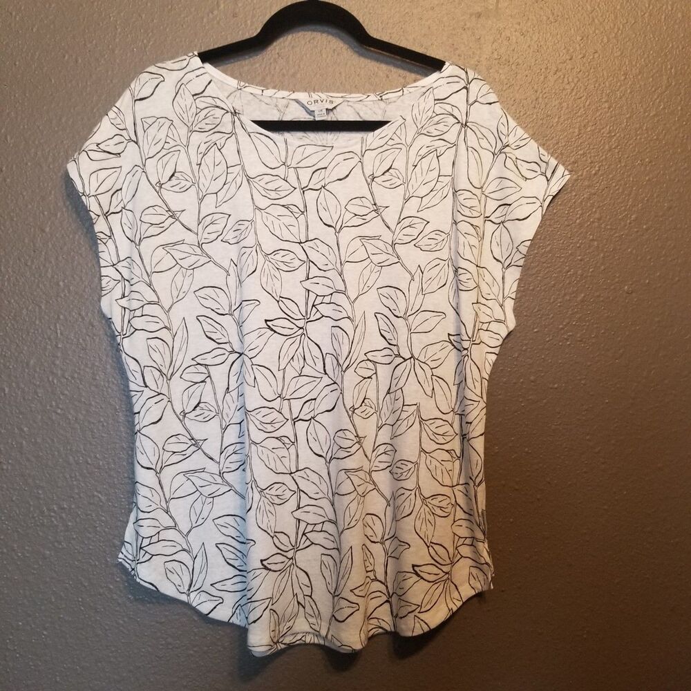 Orvis L Top White Black Floral Print Linen Blend Boxy Coastal Cruise Vacation